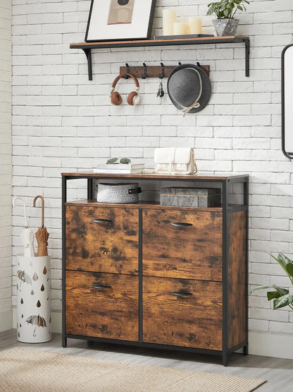 Schoenenkast - Schoenrek - 4 Flappen - 20 Paar Schoenen - Ruimtebesparend - Open Vakken - Accessoires - Verstelbare Voeten - 98.3x30x95cm - Houtplaat - Vinta Breun-Zwart - QUORE