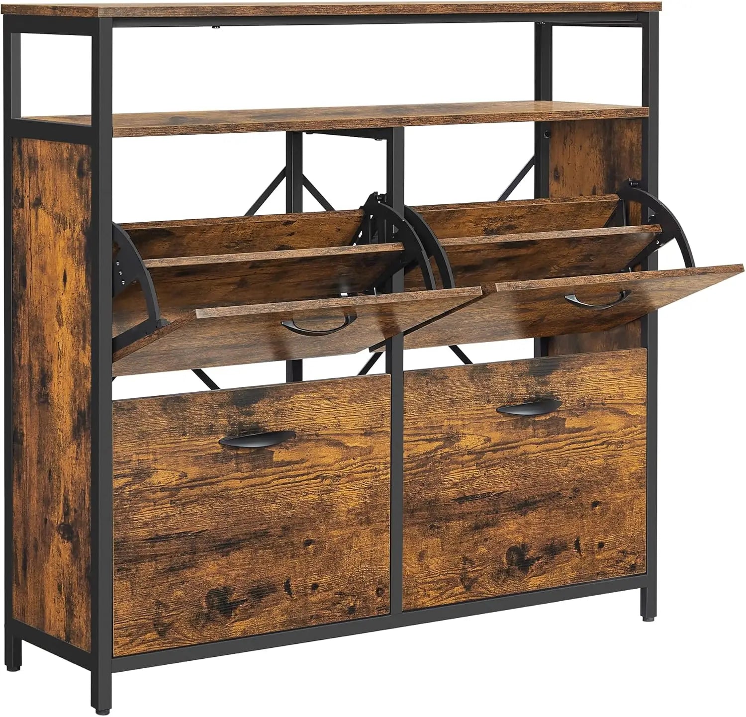 Schoenenkast - Schoenrek - 4 Flappen - 20 Paar Schoenen - Ruimtebesparend - Open Vakken - Accessoires - Verstelbare Voeten - 98.3x30x95cm - Houtplaat - Vinta Breun-Zwart - QUORE