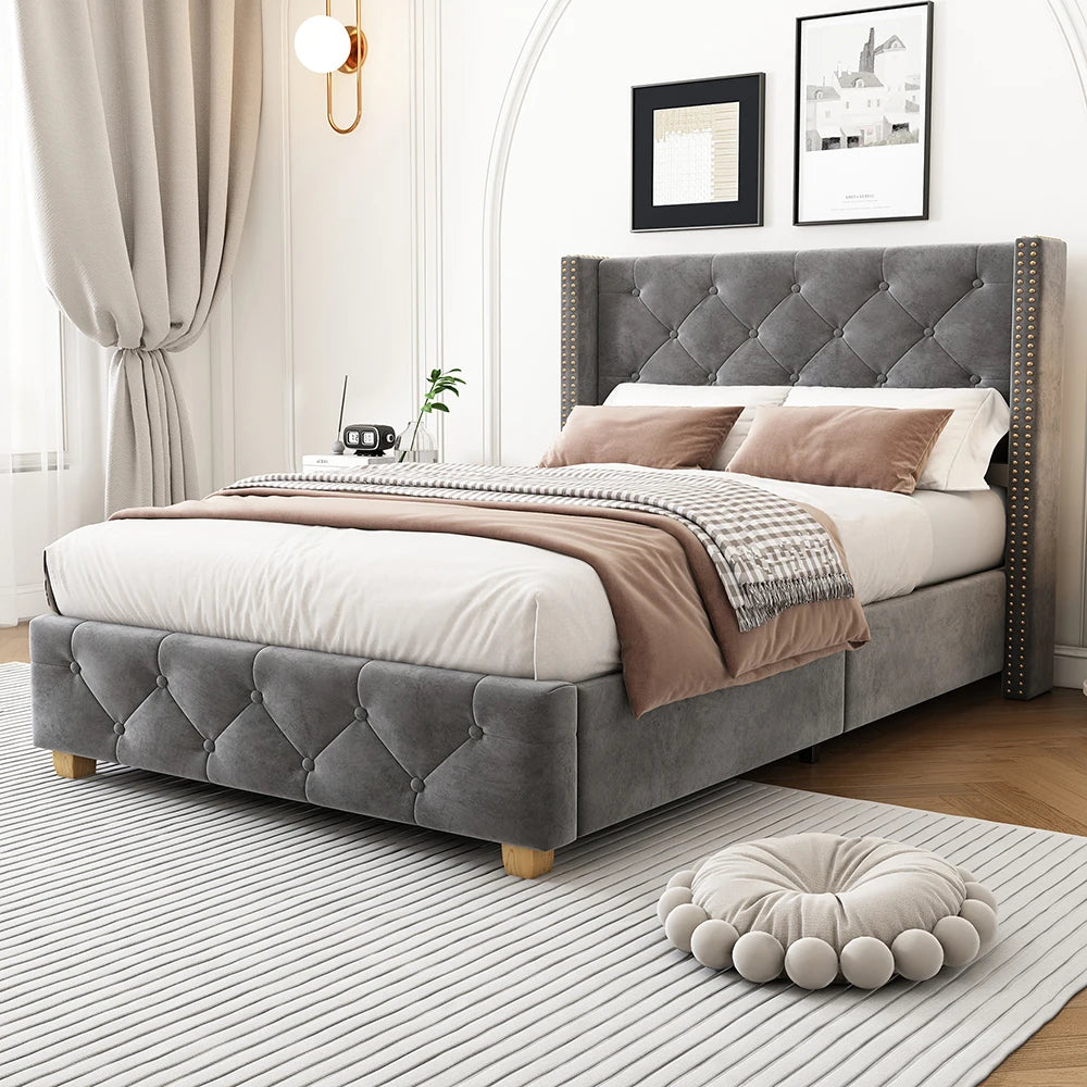 Bedbank – Slaapbank – Bed – Sofa – Logeerbed – Gestoffeerd Velours – Opbergladen – USB Oplaadfunctie – 160x200 cm - QUORE