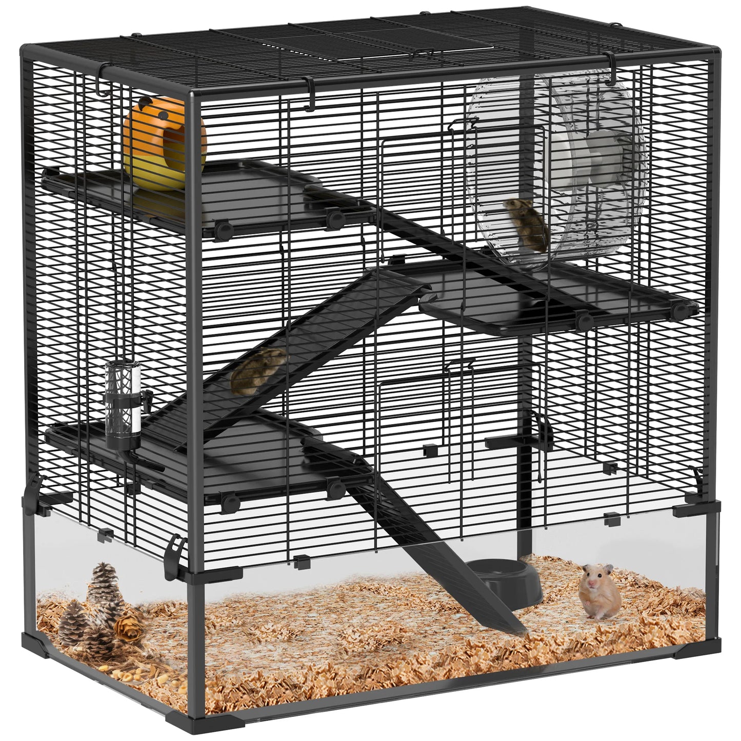 Dwerg Hamsterkooi – Knaagdierkooi – Hamsterkooi – Kleine Dierkooi – Rodent Cage – Zwart – 4 Verdiepingen – Gehard Glazen Bodem - QUORE