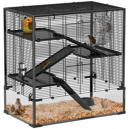 Dwerg Hamsterkooi – Knaagdierkooi – Hamsterkooi – Kleine Dierkooi – Rodent Cage – Zwart – 4 Verdiepingen – Gehard Glazen Bodem - QUORE
