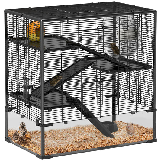 Dwerg Hamsterkooi – Knaagdierkooi – Hamsterkooi – Kleine Dierkooi – Rodent Cage – Zwart – 4 Verdiepingen – Gehard Glazen Bodem - QUORE