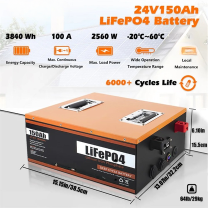 LiFePO4 Batterij – 24V Accu – Zonnepaneel Batterij – Camper Accu – Boot Accu – 150Ah Capaciteit – IP63 Waterbestendig