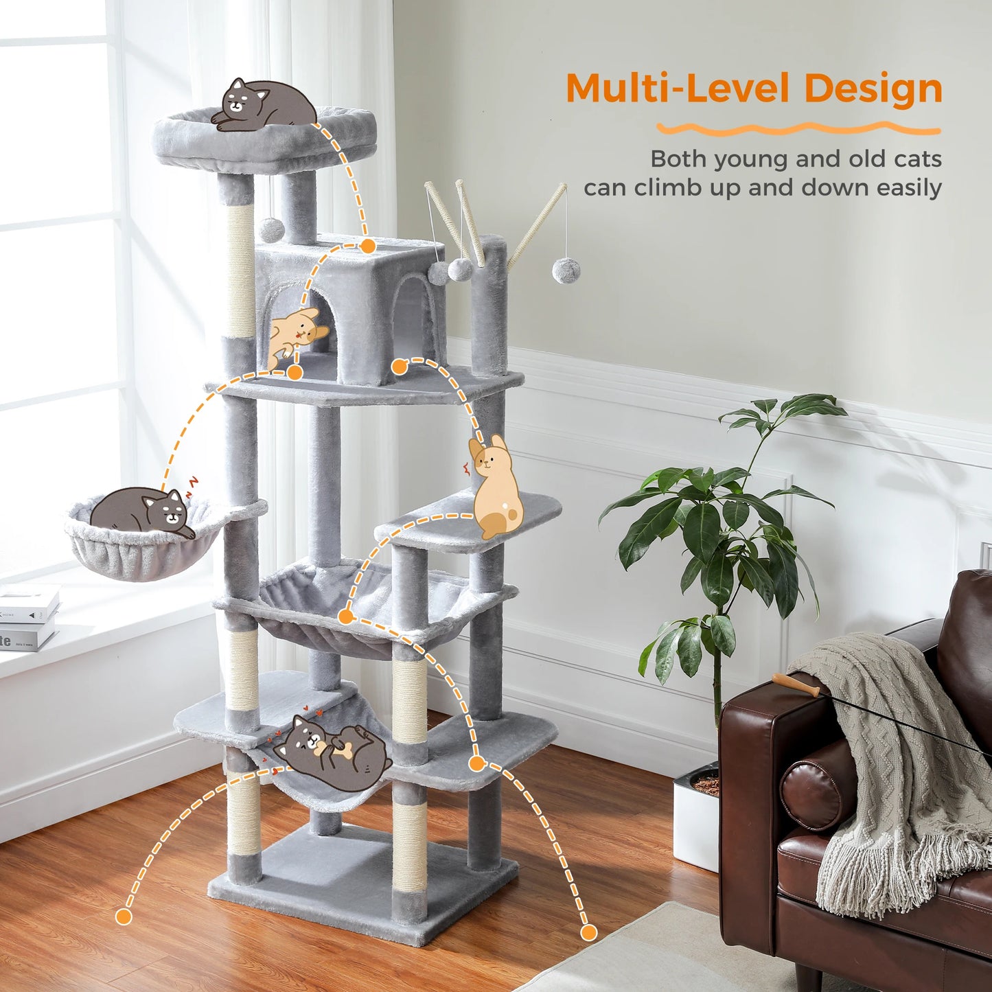 Kattenboom – Katten Klimmuur - Krabpaal - Kattenmeubel - met Hangmatten en Huisjes - 7-Laagse - 175cm - Sisal Krabpalen - Arbre a Chat - Grijs