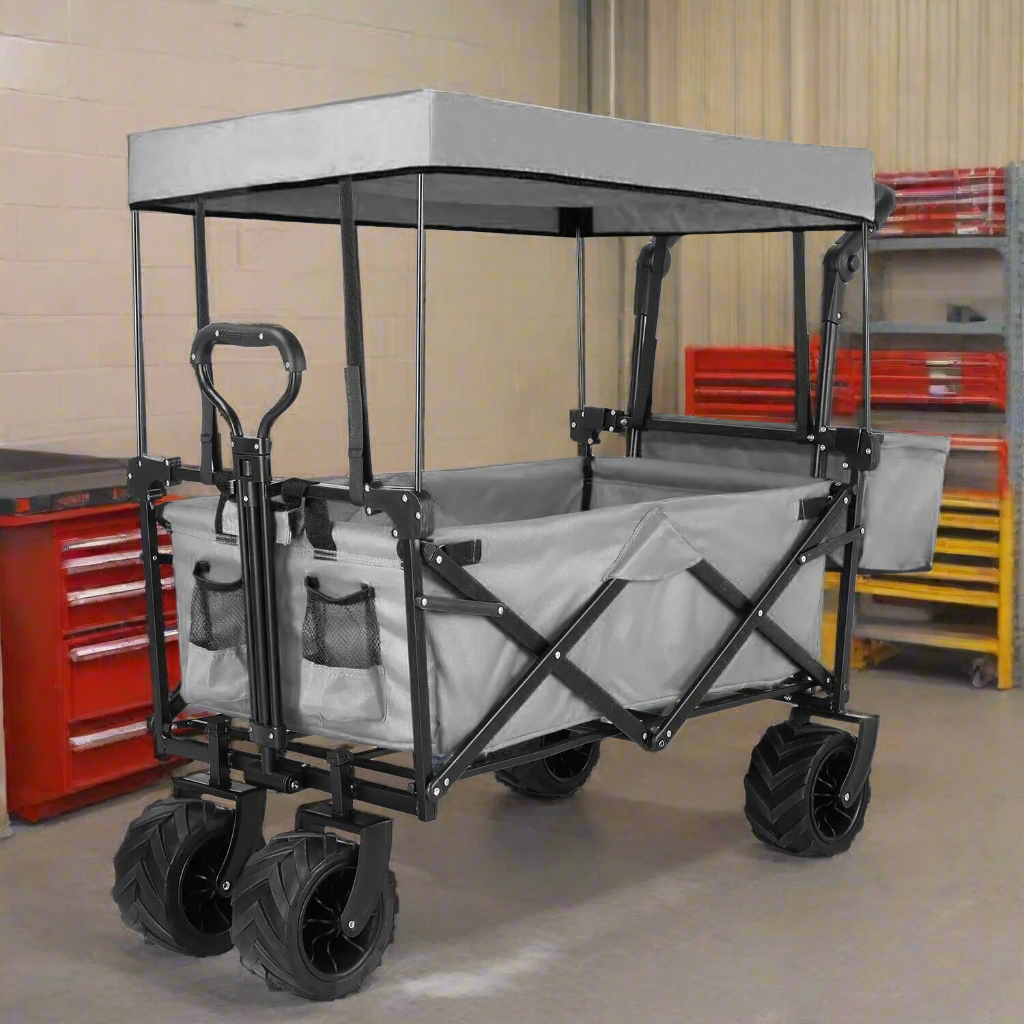 Opvouwbare Bolderkar – Vouwkar – Transportkar – Tuinkar – Bolderwagen – Afneembaar Dak – Draagkracht 115 kg – Stevig Stalen Frame - Grijs