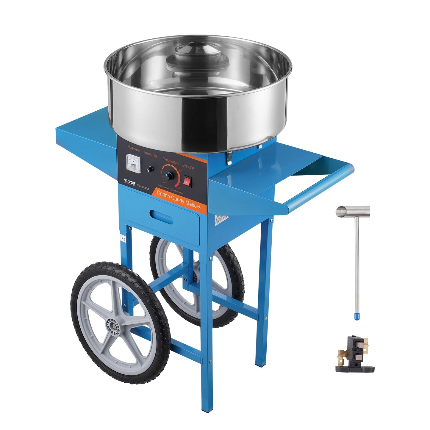 Suikerspinmachine Elektrisch - Suikerspinmachines - Mini Suikerspin - Suikerspinmaker - 1000W - RVS Kom - Instelbare Temperatuur - Incl. Schep en Lade - Voor Feestjes - Kermis - en Verjaardagen - Blauw - met Kar