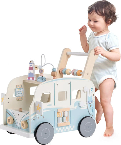 Loopstoel - Loopstoeltje - Loopwagen - Multifunctionele - Houten Wandelaar in Busstijl - voor 1-6 jaar oud - 44 x 33 x 18 cm - Hout & Blauw