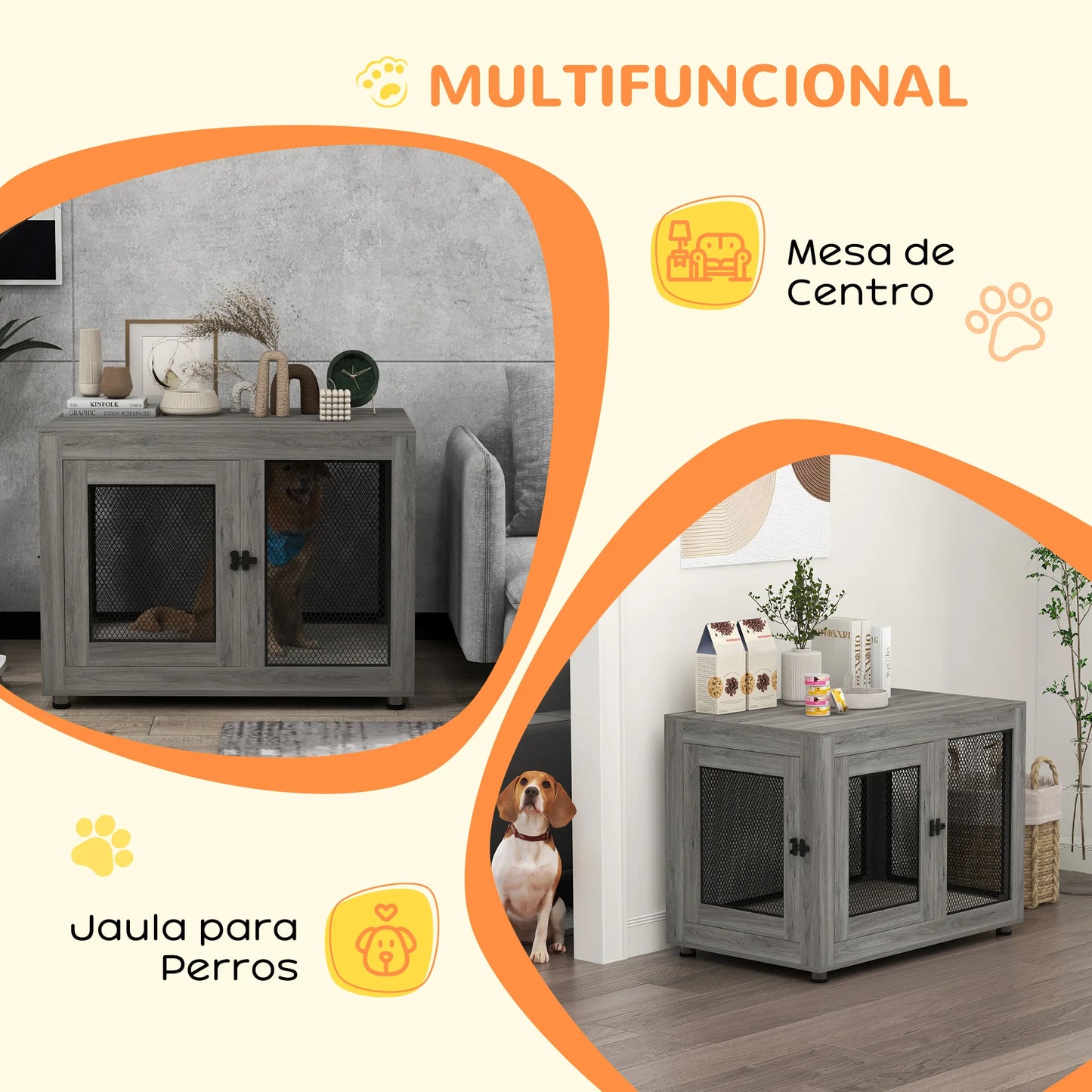 Hondenkennel – Hondenhok – Hondenbench – Hondenkooi – Bijzettafel – Grijs – Multifunctioneel 2-in-1 Ontwerp – Stevig Melamine Hout Met Ventilatie - QUORE