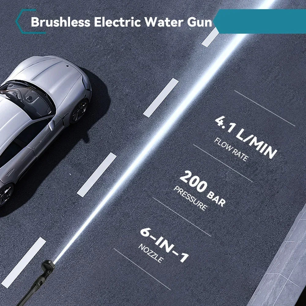 Draadloze Hogedrukreiniger - 200 Bar - 3500W Brushless Motor - Draagbare Ontwerp - 6-in-1 Spuitmond - Voor Auto - Tuin en Terras - Gebruiksvriendelijk - 1 Accu's met 1 Lader