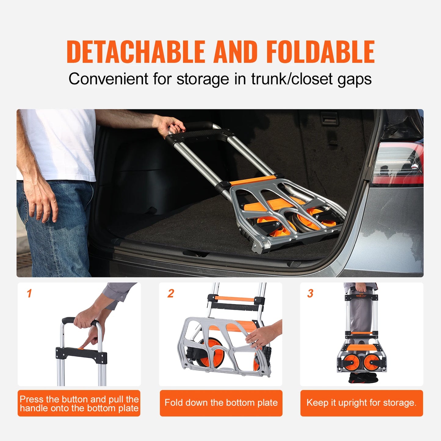 Opvouwbare Steekwagen – Transportkar met een Draagvermogen van 140 kg, Gemaakt van Aluminiumlegering en Kunststof – Stapelbare Trolley met Verstelbare Handgreep (900–1109 mm) – Inklapbare Trolley met Trekkoord – Compact Formaat voor Gemakkelijke Opslag - QUORE