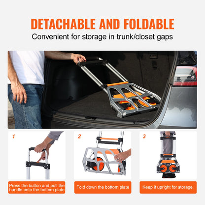 Opvouwbare Steekwagen – Transportkar met een Draagvermogen van 140 kg, Gemaakt van Aluminiumlegering en Kunststof – Stapelbare Trolley met Verstelbare Handgreep (900–1109 mm) – Inklapbare Trolley met Trekkoord – Compact Formaat voor Gemakkelijke Opslag - QUORE