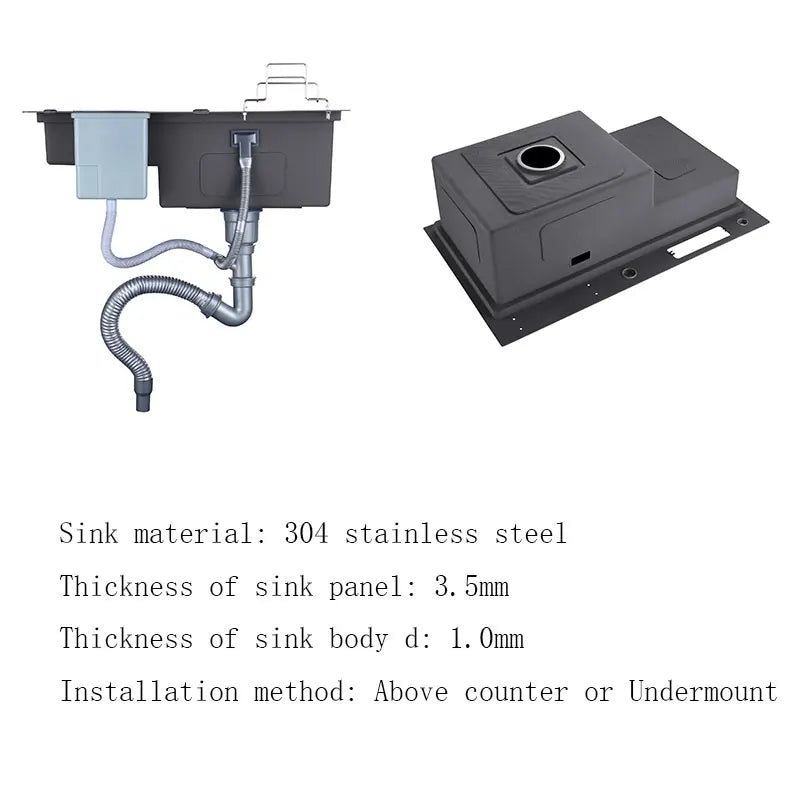 High and low kitchen sink With knife holder Cutting board rack stainless steel pia Matte black sink vegetable washing basin
