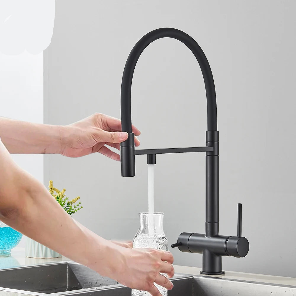 Keukenmengkraan - met Uittrekbare Uitloop – Keukenkraan - Dual Handle en Gefilterd Water - Koud en Warmwaterkraan - Uittrekbare Sproeikop - Zilvergrijs