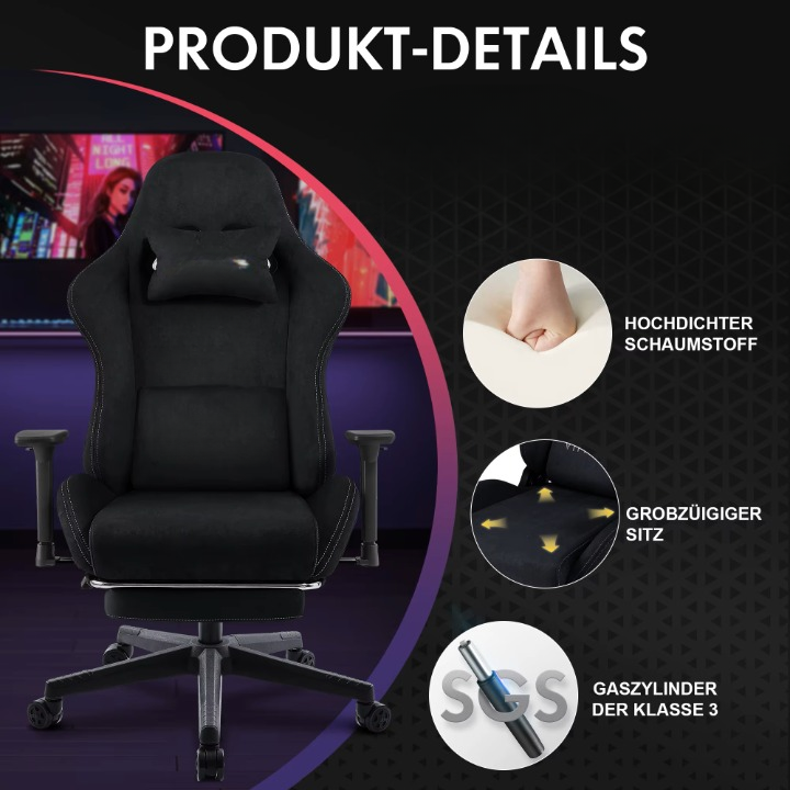 Gaming Stoel - Bureaustoel - Swivel Stoel - met Voetsteun - Verstelbare - Rugleuning - Lendenkussen - Ergonomische - Draaibare - 89 x 59 x 32.5 cm - Zwart