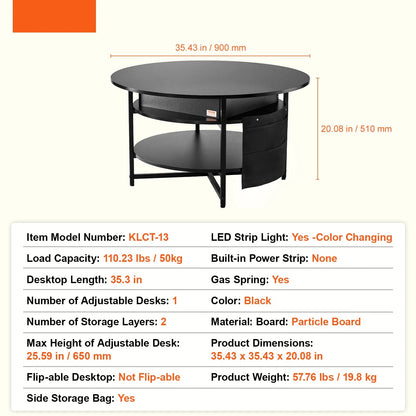 Koffietafel - Table - Coffe table - Living Room Table - Lift Top salontafel - tafel met extra opbergruimte - omklapbare salontafel voor de woonkamer - 35in - Zwart - 57.76lbs