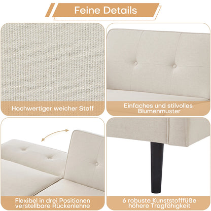 Slaapbank – Bankbed – Bedbank – 2-Zitsbank – Verstelbare Rugleuningen – Katoen-Linnen Stof – Houten Poten - 176 x 76 x 74 cm - Beige