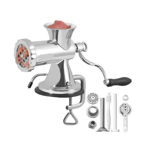 Handmatig Gehaktmolen - Voor alle soorten Vlees - Vleesmolen - Keukenmolenmachine - Zuignap + tafel stalen clip bevestiging - 304 roestvrij staal - Handmatige vleesmolen - Zilver