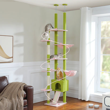 Kattenboom - Kitten Krabpaal - Katten Klimmuur - Sisal Krabpalen - Verstelbare Hoogte 230-255cm - Meerdere Verdiepingen - Cactus Floor to Ceiling - Arbre a Chat - Hangmatten - Roze