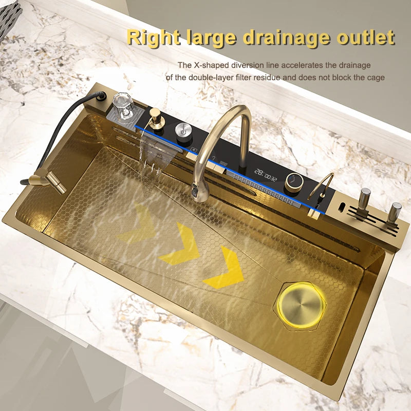 Golden Stainless Steel Waterfall Kitchen Sink Multifunctional Large Single Slot Digital Display Dishwashing Sinks