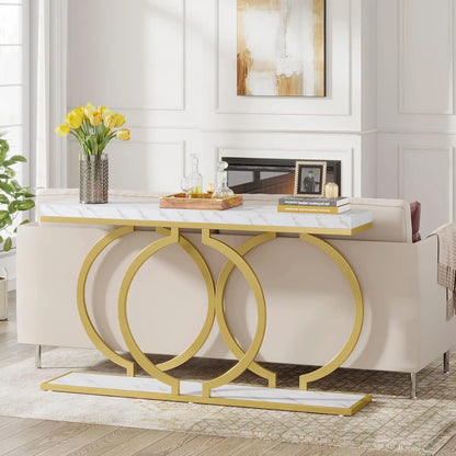 Console Tafel – Sidetable – Haltafel – Wandtafel – Marmeren Blad – Metalen Frame – 153 x 37.5 x 19.5 cm - Wit and Goud