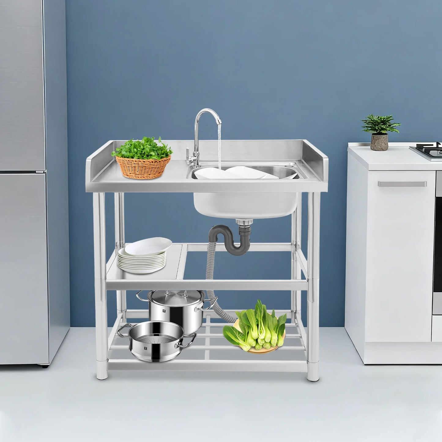 Roestvrijstalen spoelbak – Vaatwasser – Werkbak – Keukenspoelbak – Vrijstaande wasbak – 360° Draaibare Kraan – 90x50x80 cm duurzaam RVS - QUORE