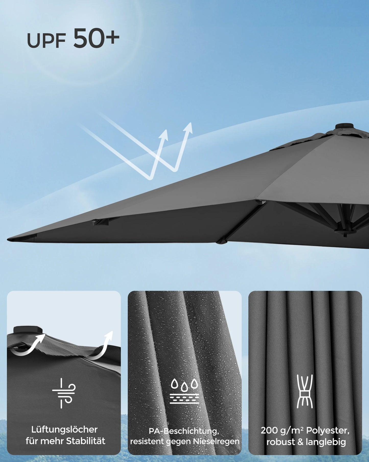 Parasol – Tuinparasol – Terrasparasol – Zonneparasol – Rond – 290x290 Cm – 360° Draaibaar - Rookgrijs - QUORE