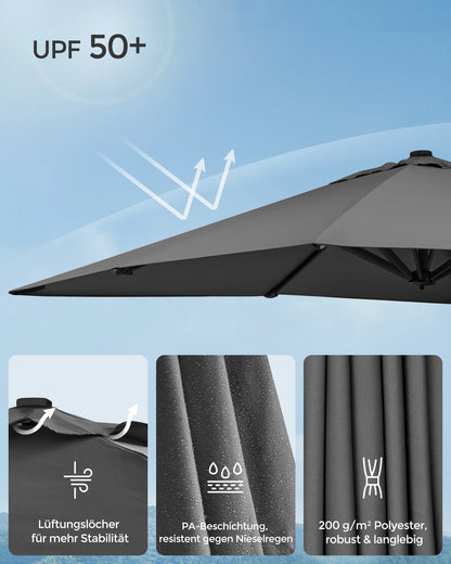 Parasol – Tuinparasol – Terrasparasol – Zonneparasol – Rond – 290x290 Cm – 360° Draaibaar - Rookgrijs - QUORE