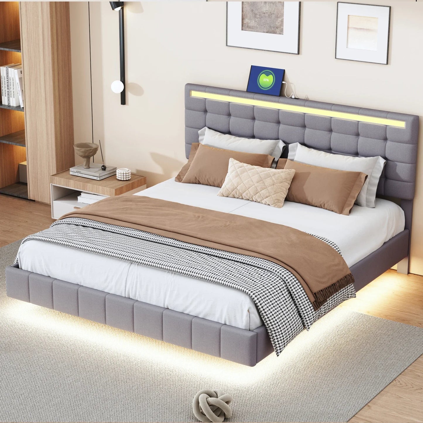 Bed – Led Bed – Modern Bed – Slaapkamer Bed – Zwevend Ontwerp – Linnen Hoofdbord – Ingebouwde Led-verlichting