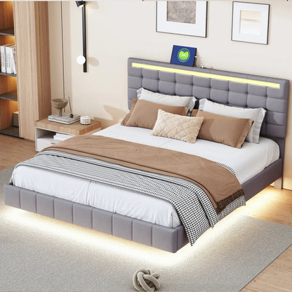 Bed – Led Bed – Modern Bed – Slaapkamer Bed – Zwevend Ontwerp – Linnen Hoofdbord – Ingebouwde Led-verlichting