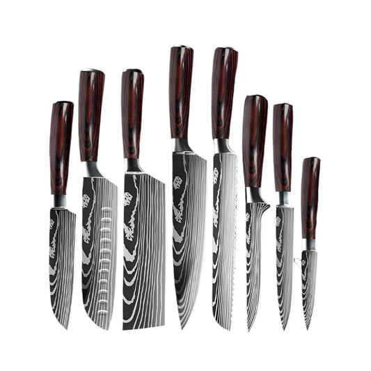 Kitchen Knives - Knife set - Chef Knife - Knives - Kitchen Knife - Sharp 7CR17 Stainless Steel - Laser Damascus Pattern Kitchen Knives - Santoku Meat Knife - 8 pieces