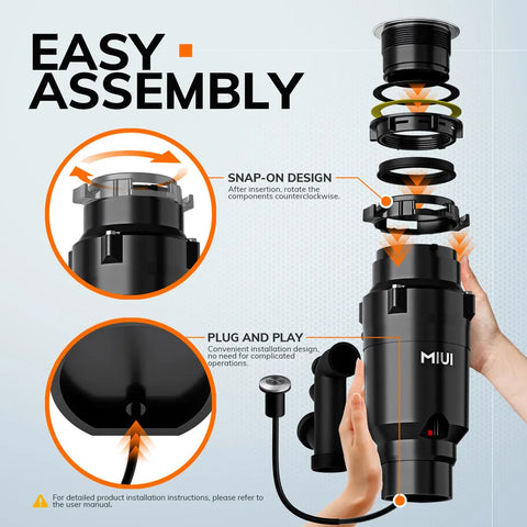 MIUI- Maalmolen- Keukenafvalverwerker- Voedselvermaler- Vuilnisverwijderaar- met Geluidsreductie,1/2 PK Afvalverwijderaar met Roestvrijstalen Maalsysteem