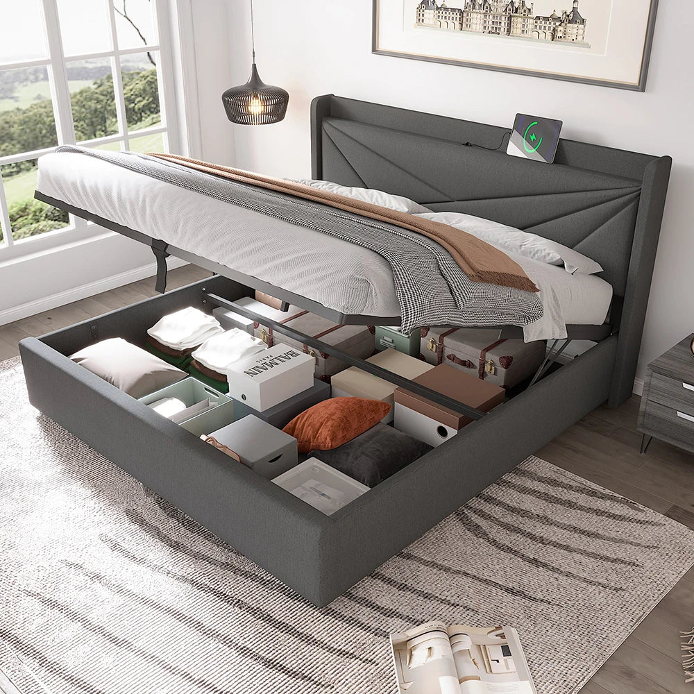 Bed – Tweepersoonsbed – Gestoffeerd Bed – Opbergbed – Linnen Bedframe – Donkergrijs – 160x200 cm – Met USB-C Oplaadfunctie – Met Grote Opberglade