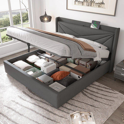 Bed – Tweepersoonsbed – Gestoffeerd Bed – Opbergbed – Linnen Bedframe – Donkergrijs – 160x200 cm – Met USB-C Oplaadfunctie – Met Grote Opberglade