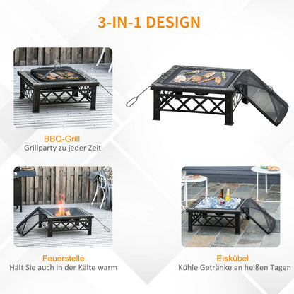 3-in-1 Haardkam - Vuurschaal – Buitenhaard – BBQ – Vuurkorf – Grillrooster – Stalen Constructie – Hitzebestendig - 76x76x47 cm