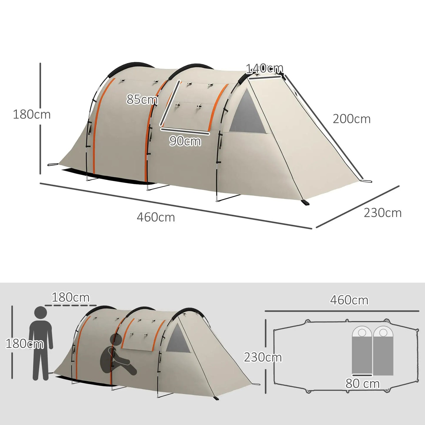 Familie Tent voor 4-5 Personen - 460x230x180 cm Donker Khaki - Waterdicht - 2 Kamers - 22 Haringen - Ideaal voor Kamperen - QUORE