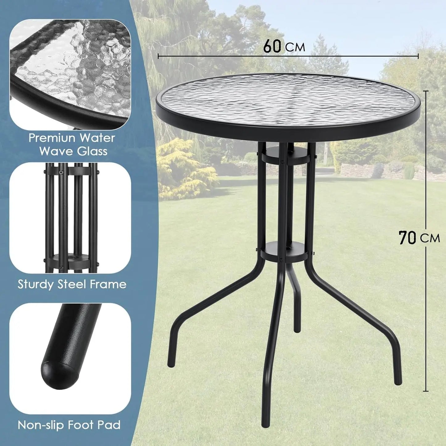 Compact Balkonset – 3-Delige Tuinset – Balkontafel Met Glasplaat – Stapelbare Stoelen – Metalen Frame – Ademend Stof - QUORE