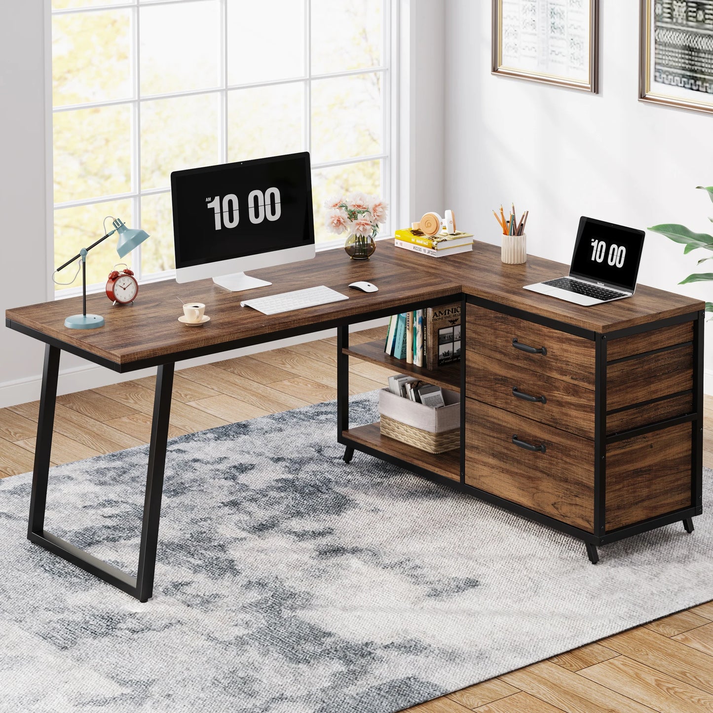 Bureau - Game Bureau - Hoekbureau - Gaming Bureau - 3 Lades - 53 Inch Breed - L-Vormig Bureau - Reversibel Ontwerp - Computertafel - Industrieel Kantoormeubilair - Grijze Afwerking - QUORE