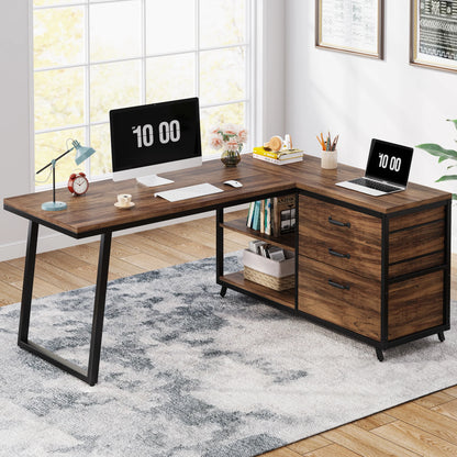 Bureau - Game Bureau - Hoekbureau - Gaming Bureau - 3 Lades - 53 Inch - L-Vormig Bureau - Reversibel Ontwerp - Computertafel - Industrieel Kantoormeubilair - Chocolade Afwerking