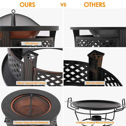 Vuurkorf - Vuurschaal - 3-in-1 - BBQ Grill - Schaal - met Grillrooster en Vonkenscherm – Grote Ø81 cm - Vuurbak voor Barbecue, Verwarming en Lounge - Bonfeu - Zwart