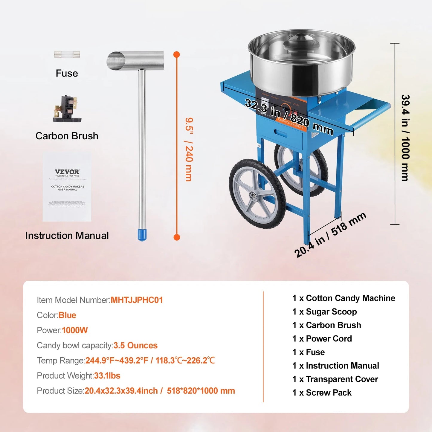 Suikerspinmachine - Elektrische Suikerspinmachine met Kar  - Suikerspinmachine - Suikerspin Suiker - Professionele Suikerspinner met Roestvrijstalen Kom en Lade - Krachtige en Efficiënte Suikerspinner voor Feesten en Evenementen -  Blauwe