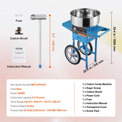 Suikerspinmachine - Elektrische Suikerspinmachine met Kar  - Suikerspinmachine - Suikerspin Suiker - Professionele Suikerspinner met Roestvrijstalen Kom en Lade - Krachtige en Efficiënte Suikerspinner voor Feesten en Evenementen -  Blauwe