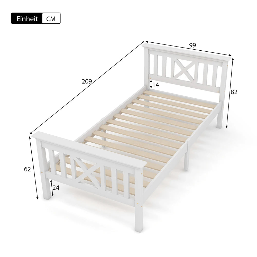 Eenpersoonsbed – Bedframe – Kinderbed – Logeerbed – Slaapbank – 90x200 cm – Massief Grenenhout – Stevige Lattenbodem – Wit