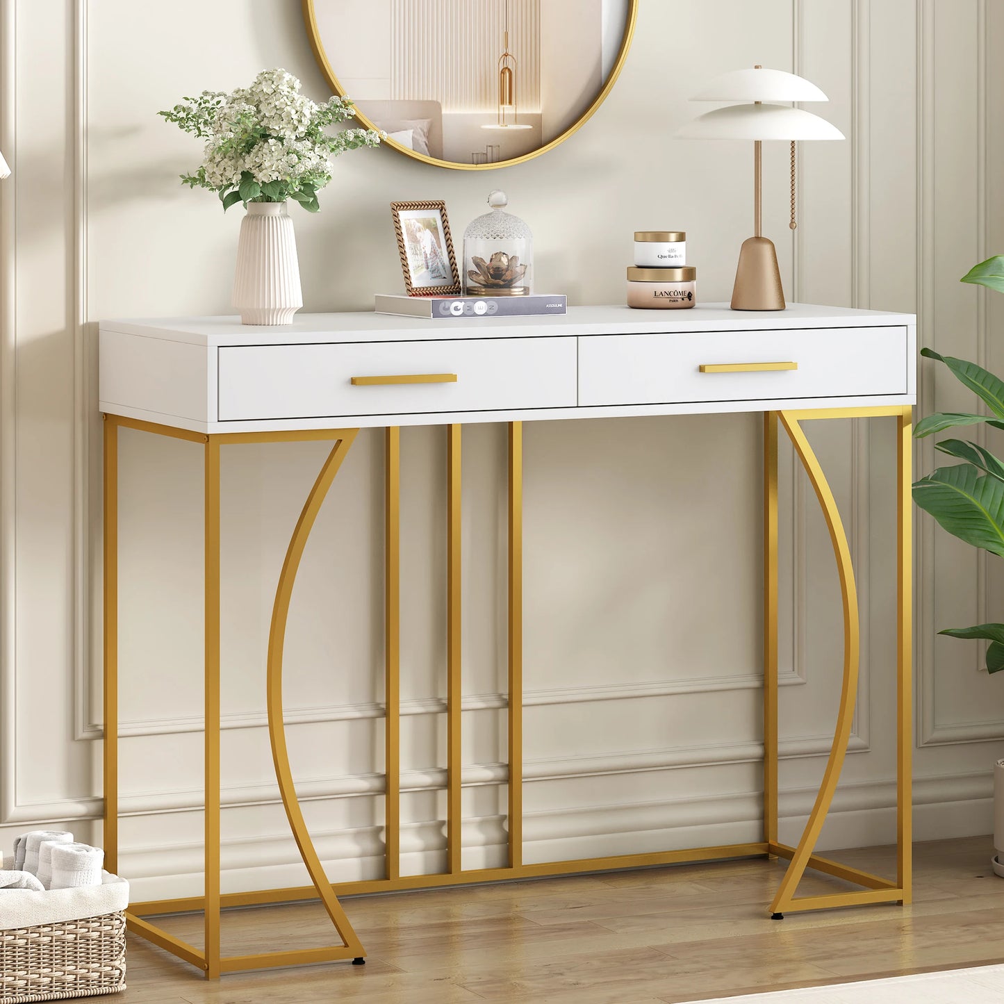 Console table, hallway table with 2 drawers, light luxury style side table, sofa table, 120 x 38 x 76 cm, white/gold