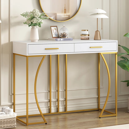 Console table, hallway table with 2 drawers, light luxury style side table, sofa table, 120 x 38 x 76 cm, white/gold