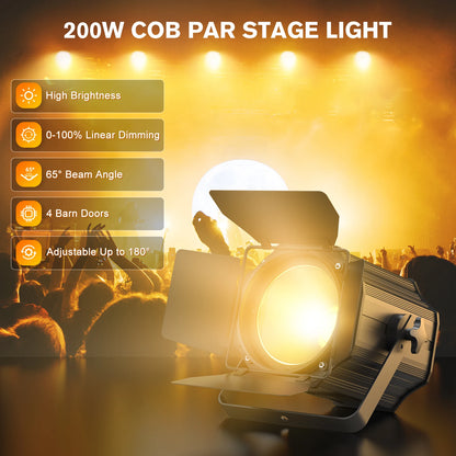 200W COB Par Light – Stageverlichting – DJ Licht – Podiumverlichting – Evenementenverlichting – Set van 2 EU Plug – Dual-Color Lichtinstelling – DMX512 Met 4-Blad Barn Door - QUORE