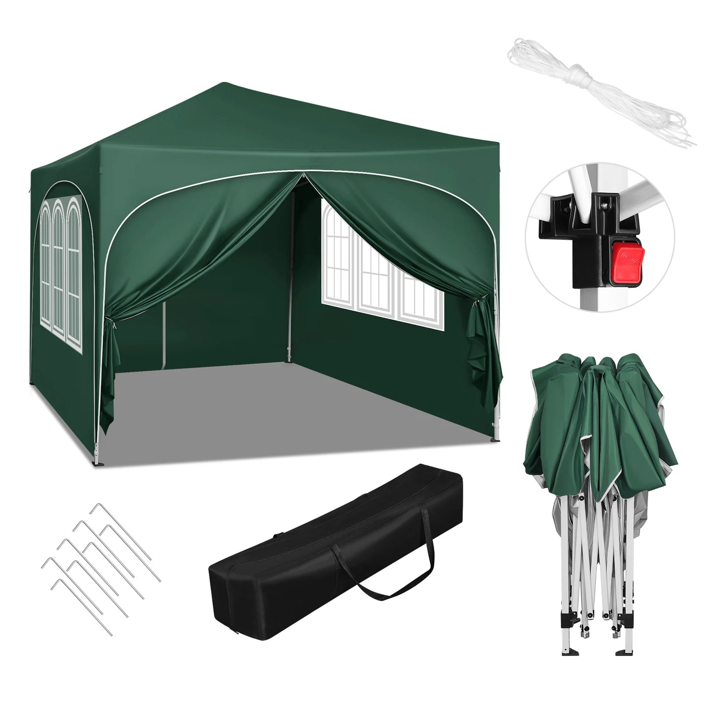 Party Tent - Opvouwbare - Tuinpaviljoen - 3x3m - Waterdichte - Verstelbare Hoogte - Gazebo - 4 Afneembare Zijpanelen - met Vensters - UV-Bestendig - Waterdichte - voor Camping - en Picknick - Groen - QUORE