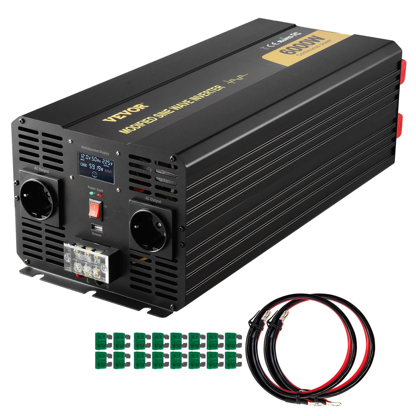 Omvormer – Stroomomvormer – Spanningsconverter – 12V Naar 120V – 6000W Continue Vermogen – Aluminium Behuizing