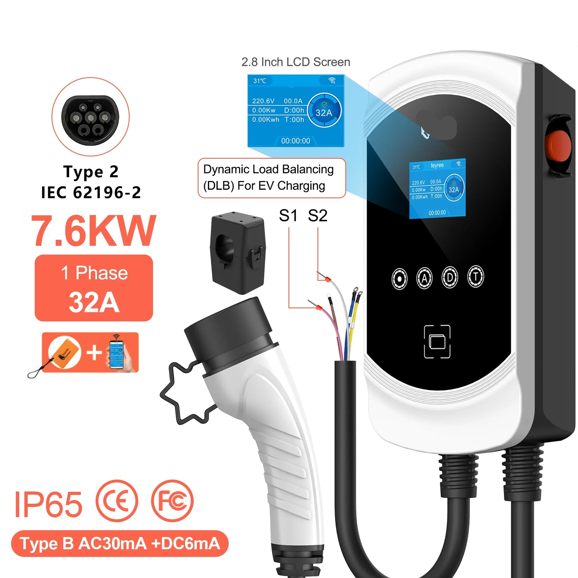 Slimme Oplaadstation – Elektrische Laadpaal – EV Charger – Laadpunt – 7.6KW - 32A - 1 phase - Type 2 – IP65 Waterbestendig - QUORE