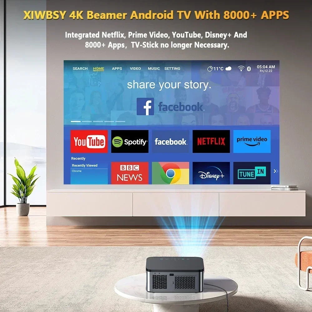 Xiwbsy - Beamer - Projector Beamer - Projector 4k - 1080P -  Automatische focus - met WiFi 6  - 25000 Lumens - Buiten- en thuisprojector - Android 4K - Zwart - QUORE