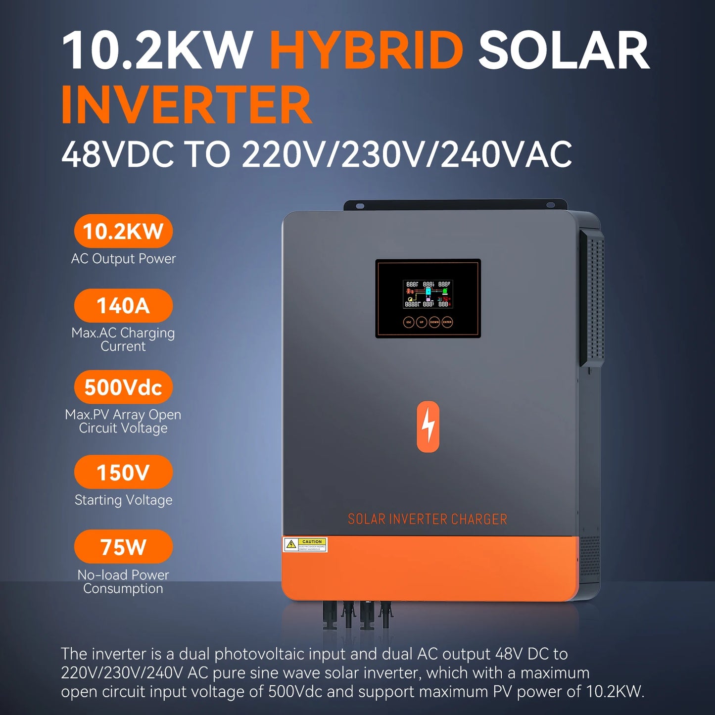 Hybride Zonnestroomomvormer – Zonne-energie Omvormer – Solar Inverter – Energiebeheer Systeem – MPPT Omvormer – 10,2 kW Vermogen – 2 MPPT-Ingangen